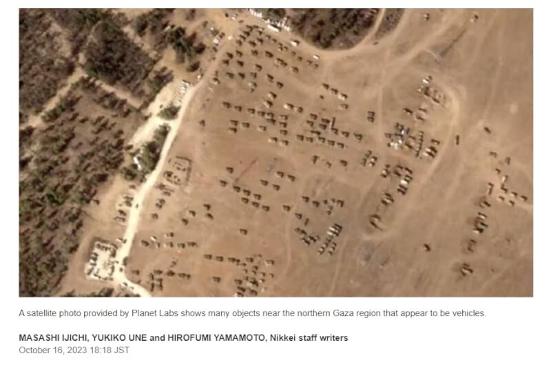 衛星影像分析顯示，約400台車輛已集結在以色列境內觸及巴勒斯坦領土加薩走廊北部的地點。（圖取自日經亞洲網頁asia.nikkei.com）