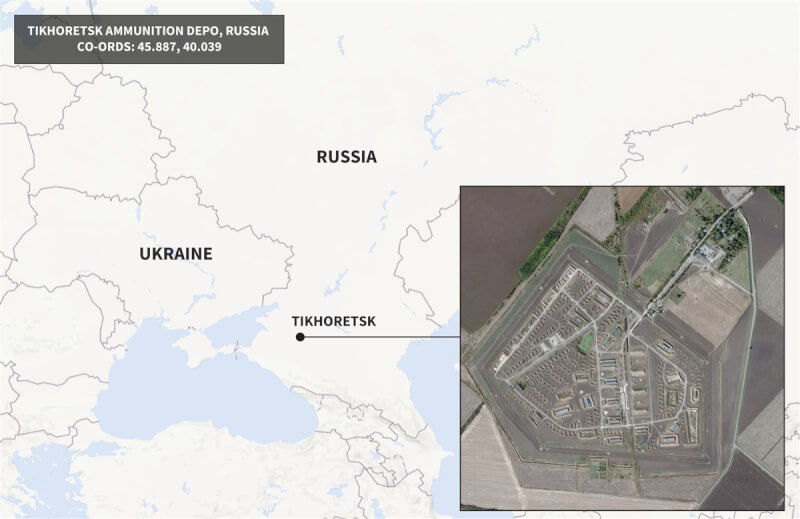 皇家聯合軍事研究所調查報告指出，俄羅斯西南部克拉斯諾達爾邊區齊赫列茨克市一帶的軍備彈藥貯存設施8月中旬開始快速擴建、增設防爆結構。衛星圖像顯示，這很有可能是為了儲放北韓供應的彈藥。（RUSI提供）中央社記者陳韻聿倫敦傳真 112年10月18日
