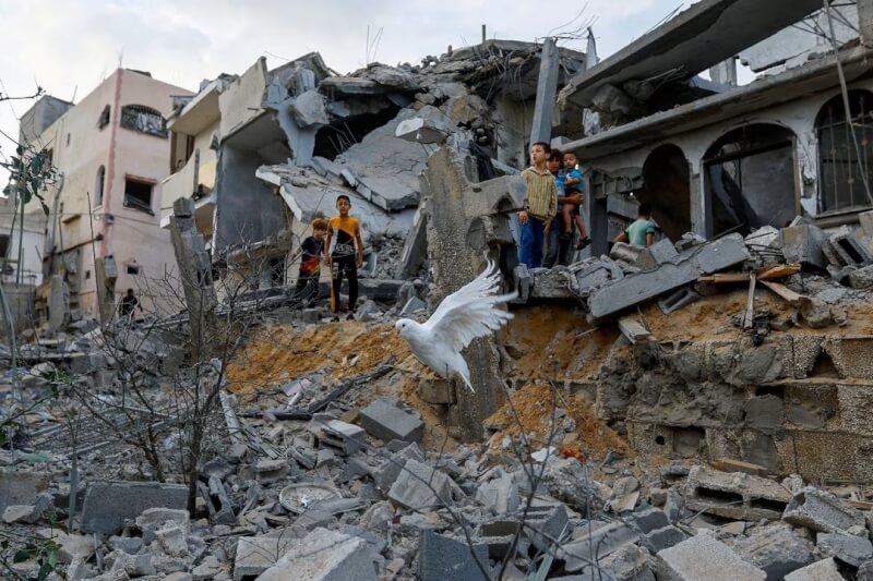 以色列為報復哈瑪斯攻擊而猛烈轟炸加薩走廊，一隻白鴿11日飛過因受攻擊而滿目瘡痍的地區。（路透社）