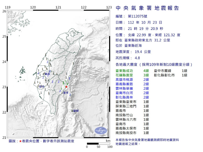 根據中央氣象署最新資訊，23日晚間9時19分發生芮氏規模4.8地震（圖取自中央氣象署網頁cwa.gov.tw）