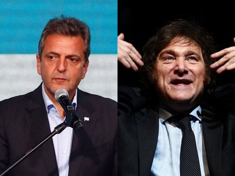 阿根廷總統大選初選結果顯示，阿根廷經濟部長馬沙（左）和反建制派候選人米雷伊（右）將在決選時一較高下。（路透社）