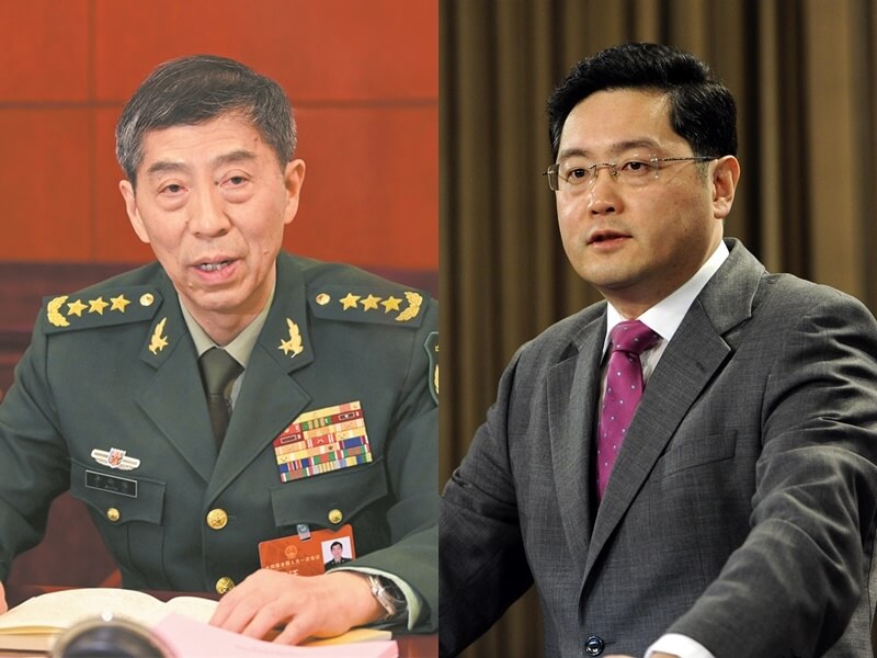 中國國防部長李尚福（左）遭免職，前外長秦剛（右）的國務委員職務也被撤除。（左圖取自中共國防部網頁mod.gov.cn、右圖中新社）
