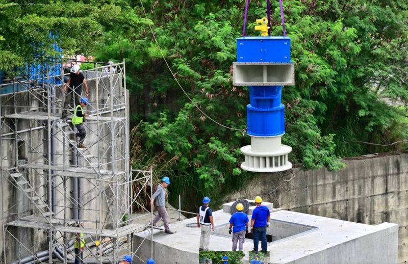 台中市水利局以公私協力方式，在市管區域排水設置小水力發電設施，首座「食水嵙溪排水口小水力發電廠」預計112年底完工。（市府提供）中央社記者趙麗妍傳真  112年10月26日