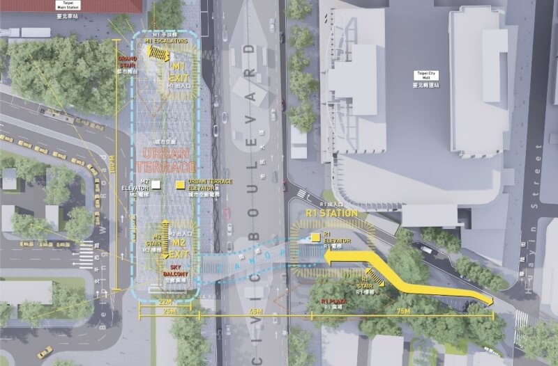 北捷規劃在國光客運台北車站旁的市民大道上方興建天橋，延伸中山區心中山線形公園。（北捷提供）