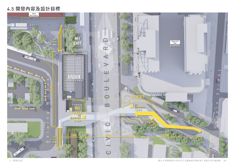 北捷規劃在國光客運台北車站旁的市民大道上方興建天橋，延伸中山區心中山線形公園。（圖取自台北捷運公司網頁www.metro.taipei）