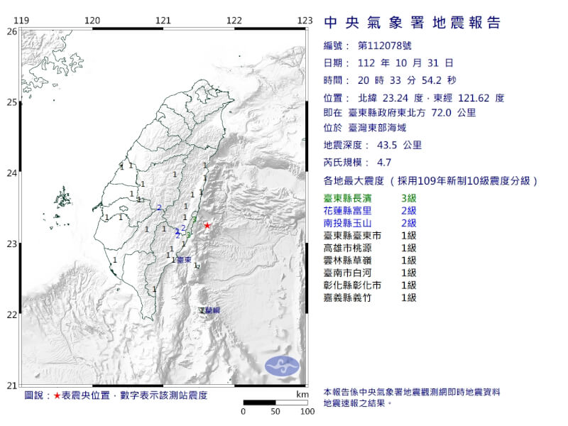 台灣東部海域31日晚間發生規模4.7地震。（圖取自氣象署網頁cwa.gov.tw）