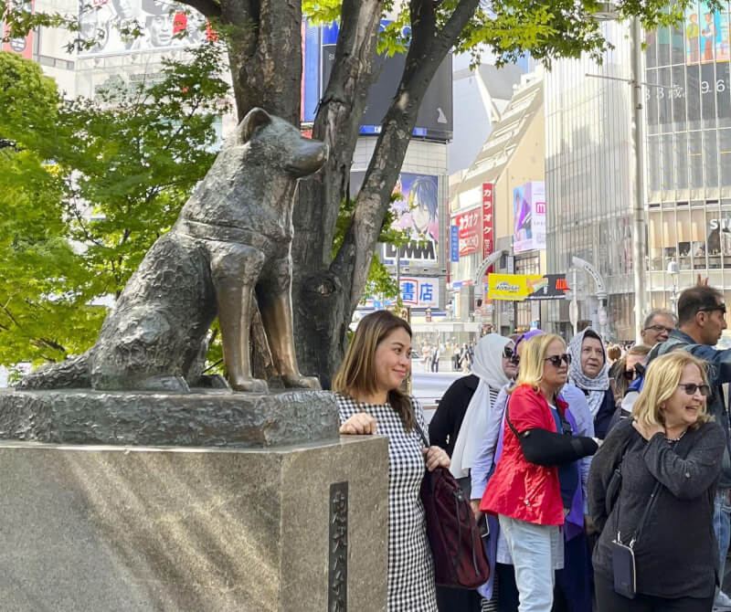 今年5月許多遊客與忠犬八公的銅像合照留念。（共同社）