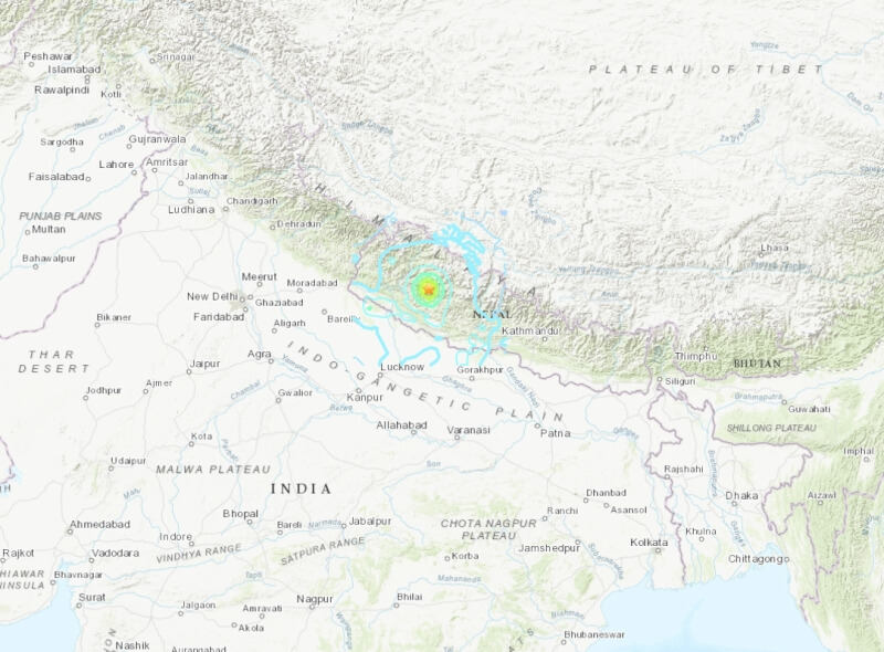 尼泊爾西部賈賈科特地區3日深夜發生強震，連遠至印度的新德里都可以感受到搖晃。（圖取自美國地質調查所網頁usgs.gov）