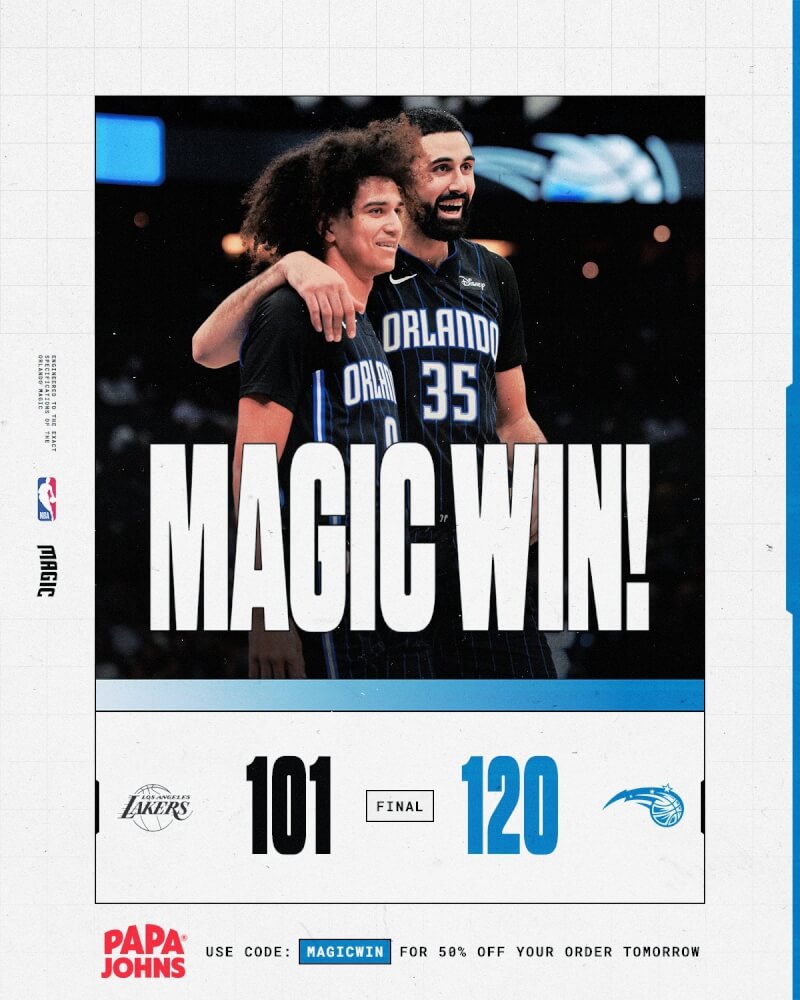 NBA奧蘭多魔術5日以120比101擊敗洛杉磯湖人。（圖取自twitter.com/OrlandoMagic）