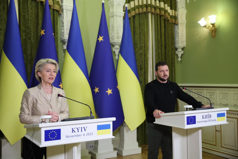 歐洲聯盟執行委員會主席范德賴恩（左）4日訪問烏克蘭，會見烏克蘭總統澤倫斯基（右）。（圖取自twitter.com/vonderleyen）