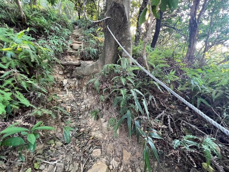 民進黨台北市議員林延鳳指出,台北市定古蹟北投真言宗石窟建築群必經的親山步道無人管理且殘破,民眾要拉繩索才能抵達古蹟地點。北市府11日表示,將編預算修繕。(林延鳳辦公室提供)中央社記者劉建邦傳真 112年11月11日