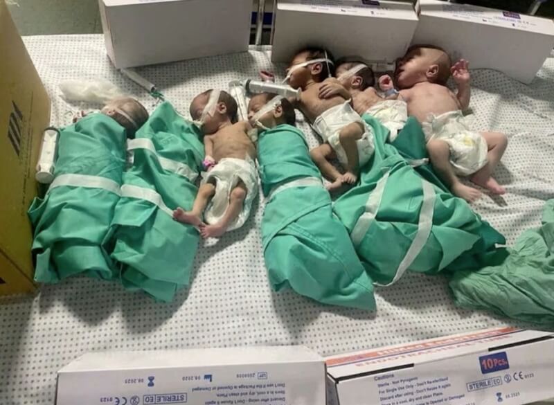 11月12日燃料耗盡的加薩走廊西法醫院斷電後，新生兒被從保溫箱中抱出後放在床上。（路透社）
