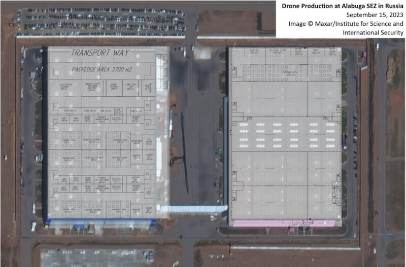 根據衛星影像，俄羅斯正建造一座工廠，將大量生產伊朗設計的自殺式無人機。（圖取自科學暨國際安全研究所網頁isis-online.org）