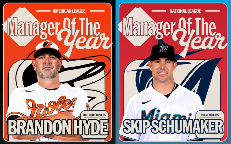 MLB巴爾的摩金鶯、邁阿密馬林魚的總教練海德（左）、舒梅克（右）率領球隊闖進睽違已久的季後賽，分別獲選為美聯、國聯的年度最佳總教練。（圖取自twitter.com/MLB）