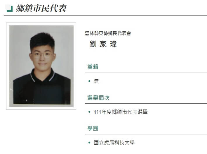 24歲鄉民代表劉家瑋拿到過半票數當選雲林縣東勢鄉代會主席，成為此屆全台最年輕鄉鎮市代表會主席。（圖取自內政部網頁moi.gov.tw）
