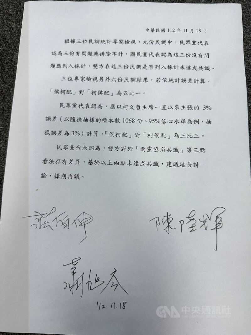 馬英九基金會18日發布藍白合協商結論，但只有馬英九基金會執行長蕭旭岑、國民黨和馬英九推薦的民調專家莊伯仲、陳陸輝簽名。（中央社）