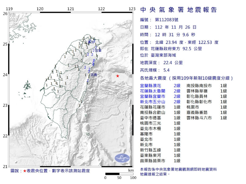 台灣東部海域26日發生規模5.4地震。（圖取自中央氣象署網頁cwa.gov.tw）