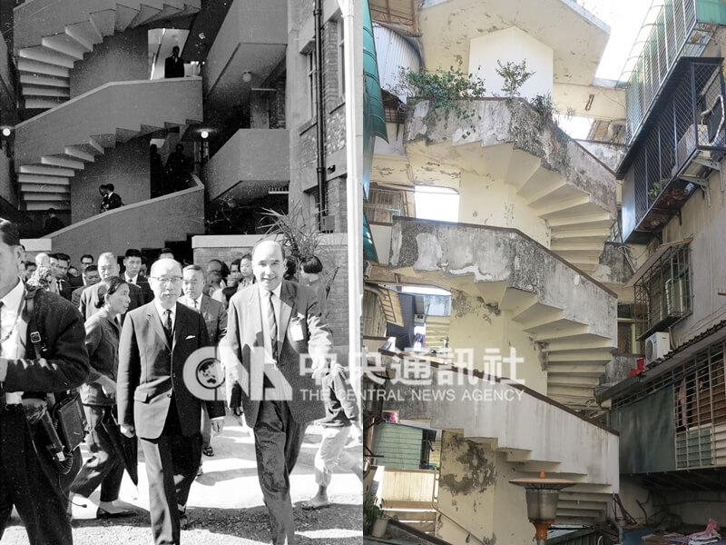 南機場國宅民國53年落成，旋轉樓梯是其建造特色之一。圖右為2017年狀態。（中央社檔案照片）