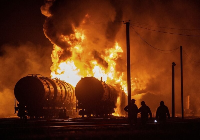 圖為10月31日烏克蘭頓內茨克鐵路遭砲擊後起火。（路透社）