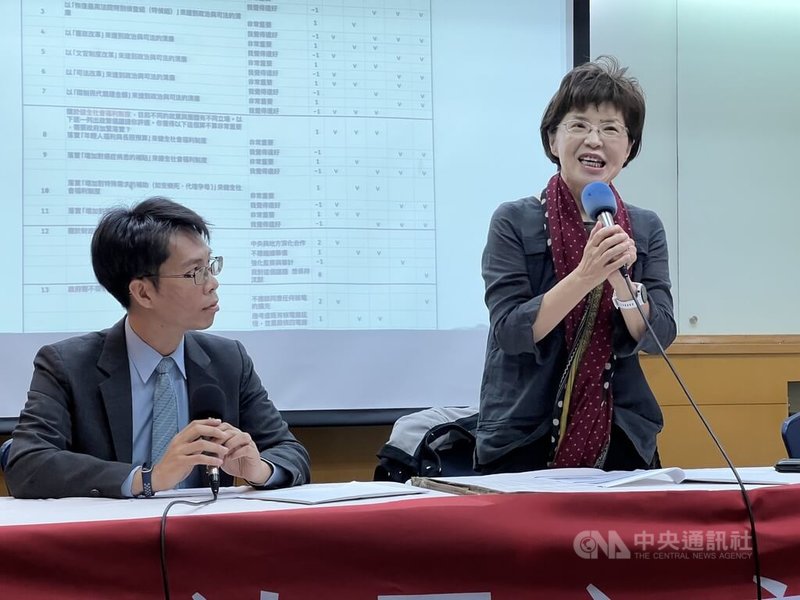 「iVoter政黨議題立場配對平台」2024大選版本2日正式上線，iVoter平台創立者、中山大學政治所榮譽教授廖達琪（右）表示，開發平台的初衷，是期待選民在非常簡短的時間內，得到有效、有用的資訊，進而智慧地投下一票。中央社記者陳至中攝  112年12月2日