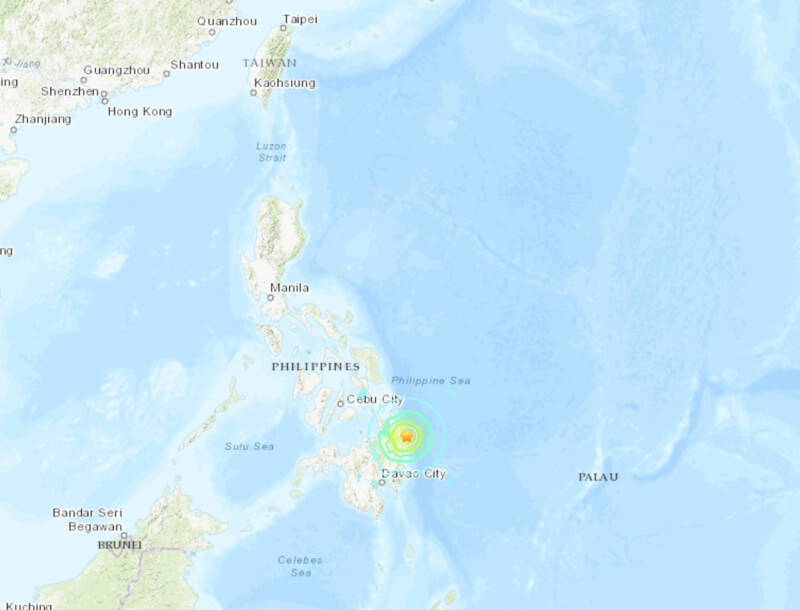 菲律賓南部海岸4日凌晨發生規模6.9地震。（圖取自美國地質研究所網頁earthquake.usgs.gov）