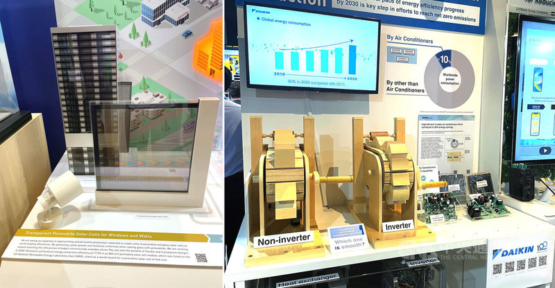 大金空調為了打進中東市場，特別以木製模型解釋節能冷氣運作原理（右圖），工作人員說這是台灣已很普及的成熟產品。Panasonic則展示可客製化調整透明度的太陽能發電板，可用於大樓窗戶和住宅陽台（左圖）。中央社記者田習如杜拜攝 112年12月6日