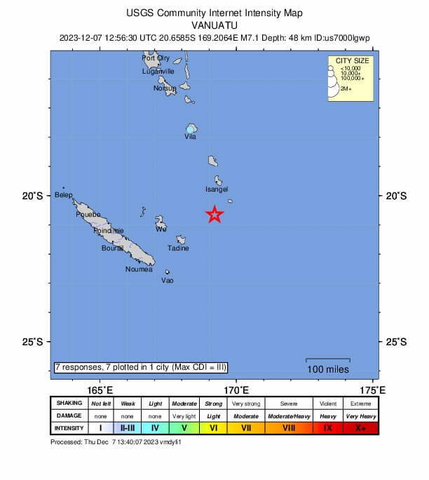 格林威治標準時間7日12時56分，太平洋島國萬那杜南方外海發生規模7.1強震。（圖取自美國地質調查所網頁earthquake.usgs.gov）