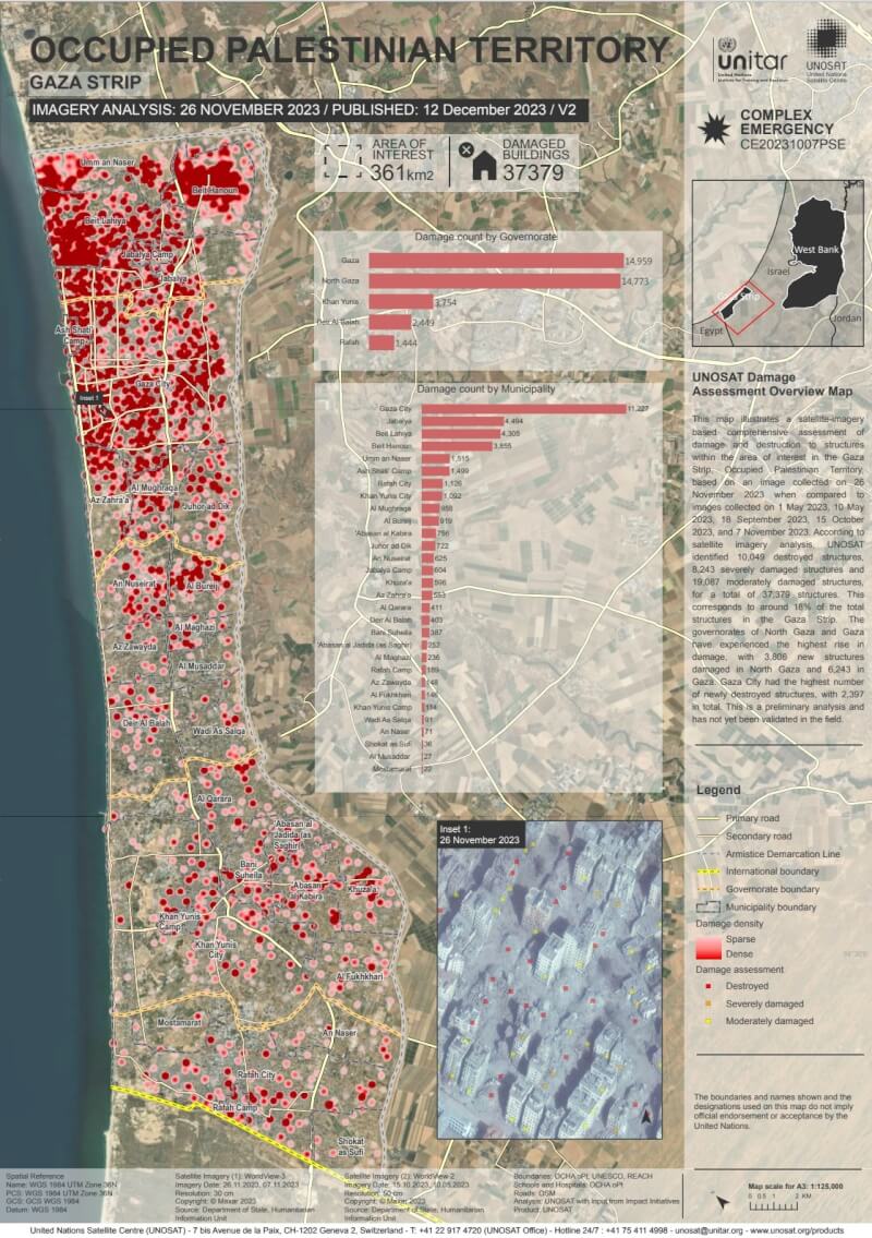 圖上粉紅色至紅色區塊象徵加薩遭摧毀建築的密度低至高，顏色越深代表該地區受損建築密度較高。（圖取自聯合國衛星運作應用計畫網頁unosat.org）