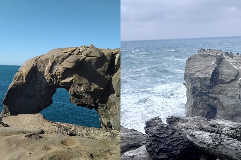 東北角海岸地景象鼻岩16日下午象鼻斷裂落海，圖為對照圖。（左圖為新北市農業局提供，右圖為瑞芳區公所提供）