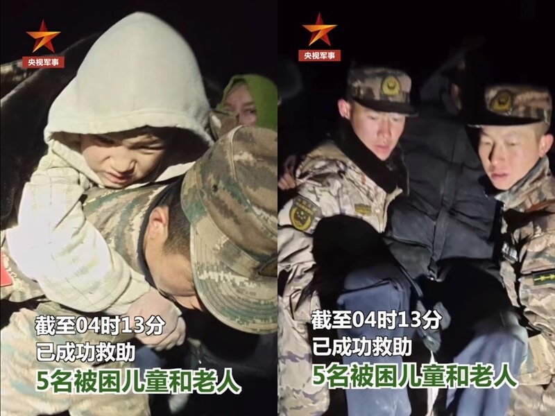 截至19日凌晨4時13分，甘肅警方已成功救助5名受困兒童及老人。（圖取自央視軍事微博網頁weibo.com）