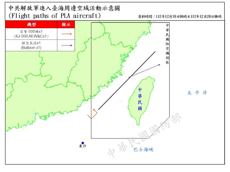 國防部表示，19日晚上11時19分偵獲1枚中共探空氣球逾越台灣海峽中線。（圖取自國防部網頁mnd.gov.tw）