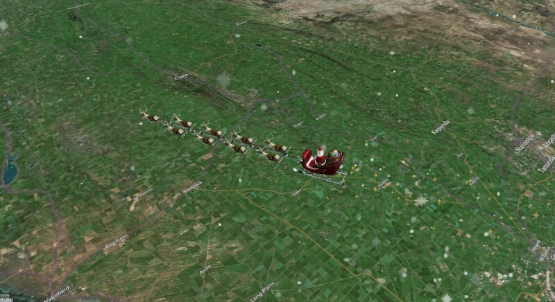 圖為NORAD追蹤耶誕老人追蹤器，可以看到耶誕老人目前位置。（圖取自北美航太防衛司令部網頁noradsanta.org）