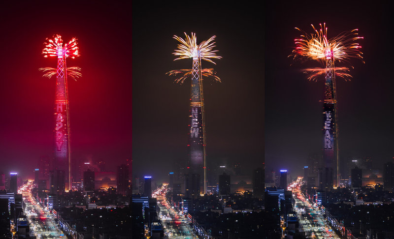 迎接2024新年,位於首爾東南部的蠶室樂天塔從115層高樓上360度施放2500發煙火,並配合燈光排出HAPPY NEW YEAR字樣。(樂天物產提供)中央社記者廖禹揚首爾傳真 113年1月1日