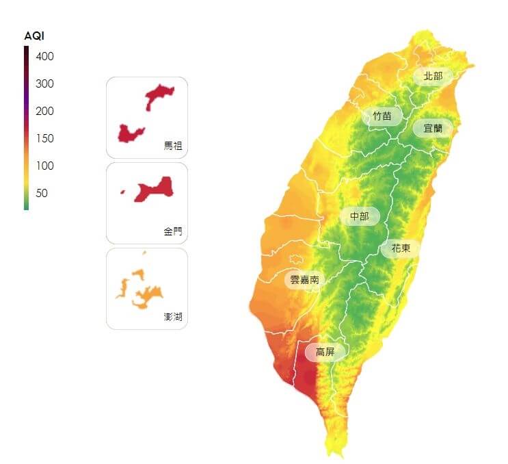 環境部1日表示，東北季風持續挾帶境外污染物，南部處於下風處，污染物易累積。（圖取自空氣品質監測網網頁airtw.moenv.gov.tw）