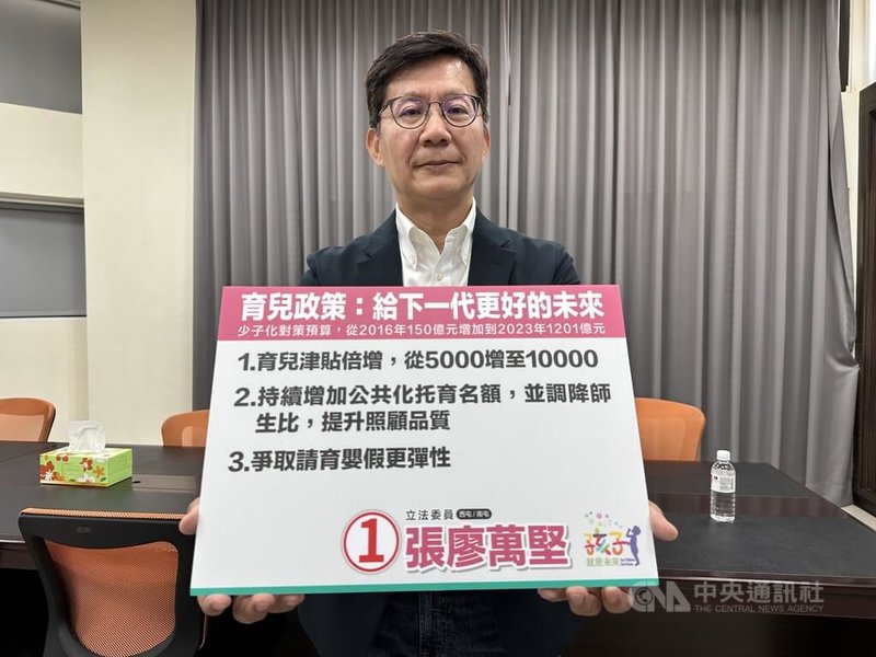 民進黨立委張廖萬堅3日出席台中市立委公辦政見發表會，提出育兒津貼提高每人新台幣1萬元、育嬰假彈性請休等政見。中央社記者趙麗妍攝  113年1月3日