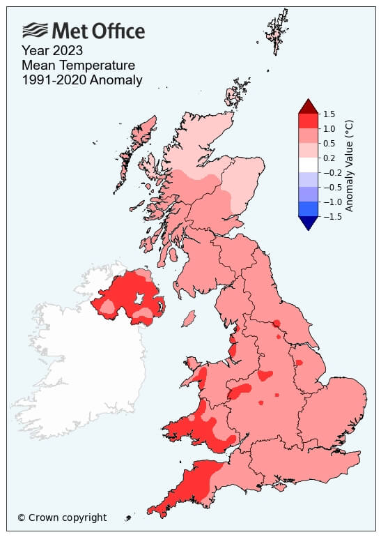 英國氣象局2日發布數據，2023年是英國史上第2熱，很可能是因人類引起的氣候變遷導致暖化持續。（圖取自twitter.com/metoffice）