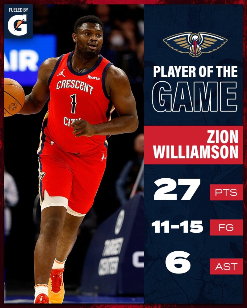 美國職籃NBA紐奧良鵜鶘球星威廉森3日晚間作客明尼阿波利斯，15投11中繳出全隊最高27分。（圖取自twitter.com/PelicansNBA）