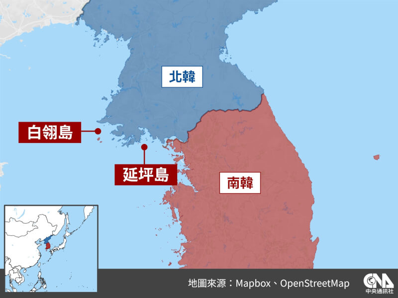 北韓軍隊6日再向西部海域發射大約60枚砲彈。（中央社製圖）