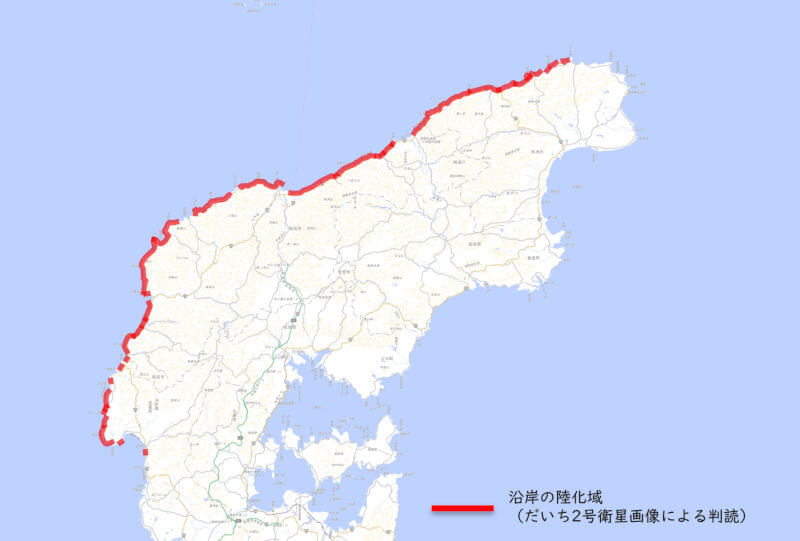 能登半島西北部沿海地區出現陸地化區域。（圖取自國土地理院網頁gsi.go.jp）