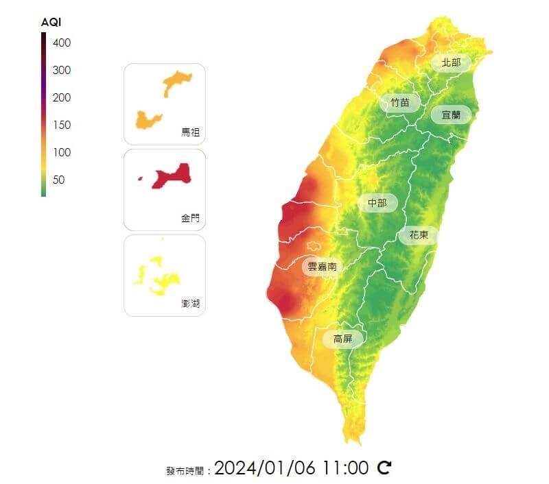 台灣西半部地區6日空氣品質普偏不佳，包含北部、中部及高屏地區會達到橘色提醒等級，雲嘉南及金門會達到紅色警示等級。（圖取自空氣品質監測網頁airtw.moenv.gov.tw）