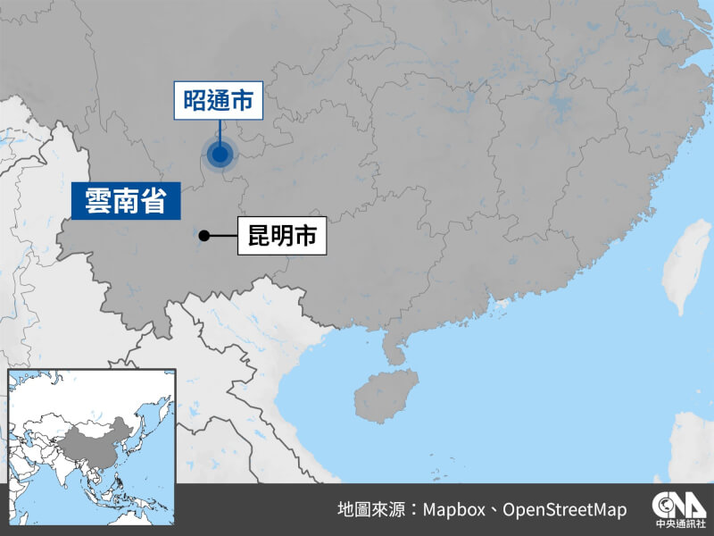 中國雲南省昭通市22日清晨5時51分發生土石流，已知18戶47人被埋。（中央社製圖）