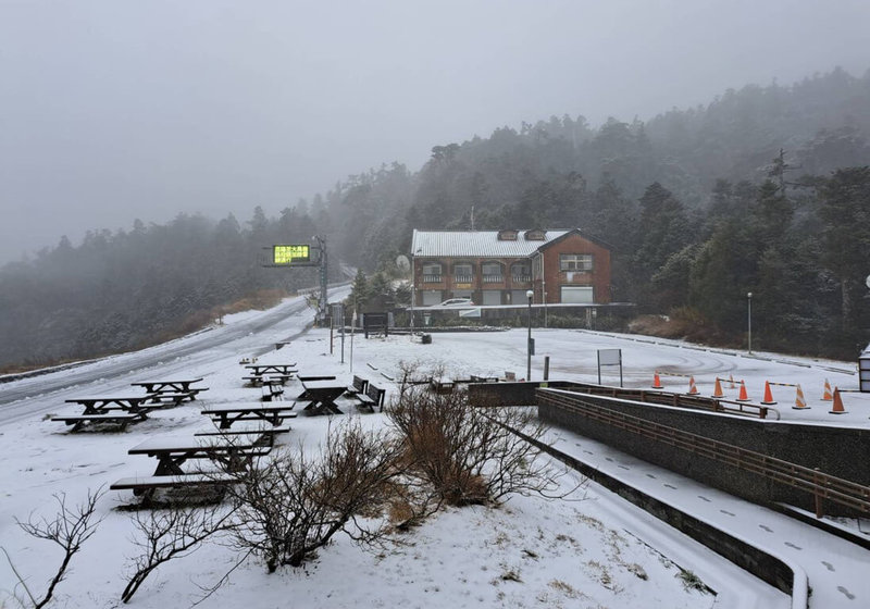 寒流報到，合歡山23日凌晨開始下雪，小風口上午8時左右積雪2至3公分，白茫茫一片如銀白世界。（太魯閣國家公園管理處提供）中央社記者李先鳳傳真 113年1月23日