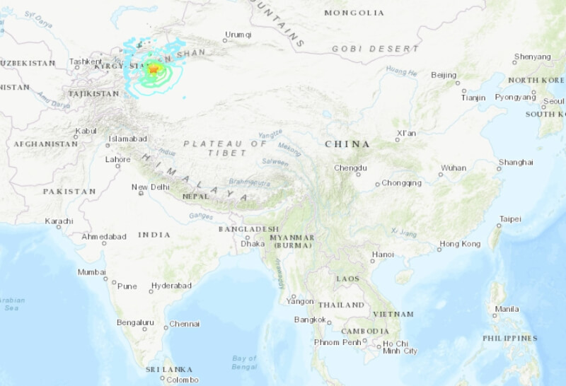 中國新疆阿克蘇地區烏什縣23日凌晨發生規模7.0強震。（圖取自美國地質調查所網頁usgs.gov）