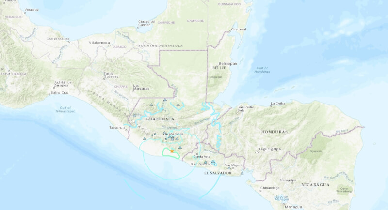 瓜地馬拉南部太平洋沿岸地區26日深夜發生規模6.0地震。圖中星號處為震央。（圖取自美國地質調查所網頁usgs.gov）