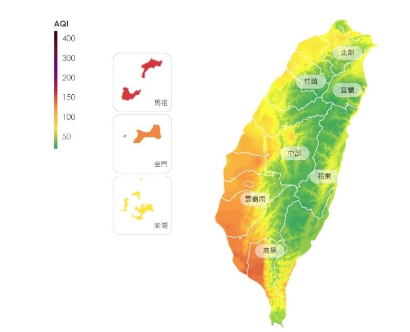環境部空氣品質預報顯示，27日中南部空氣污染物容易累積，馬祖、金門則受中國中南沿岸污染物影響，預測雲嘉南、高屏及金門空氣品質達橘色提醒等級，馬祖為紅色警示。（圖取自環境部空氣品質監測網airtw.moenv.gov.tw）