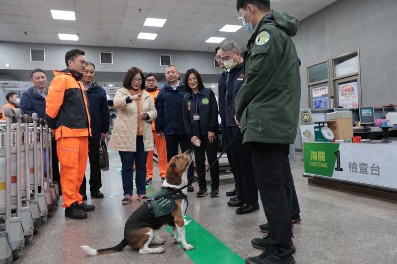 海洋委員會海巡署針對非洲豬瘟實施4大措施，偵搜犬也投入勤務，海委會主委管碧玲（左5）29日赴邊關視察，要求各海巡隊加強查緝，也呼籲民眾出國旅遊或返國探親，勿攜帶或以郵包寄運豬肉類產製品進入國境。（海洋委員會提供）中央社記者張已亷傳真  113年1月29日