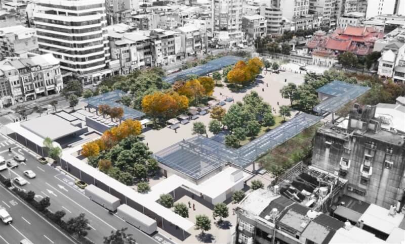 台北市都審會日前預審艋舺公園改建案,申設單位採表參道概念設計,規劃拆除部分黃色迴廊屋頂,更新成為採光罩,並透過調整中軸線、增加種植楓香樹木,讓民眾可直接看見龍山寺廟門。圖為艋舺公園改建後空拍示意圖。(公園處提供)中央社記者劉建邦傳真 113年1月30日