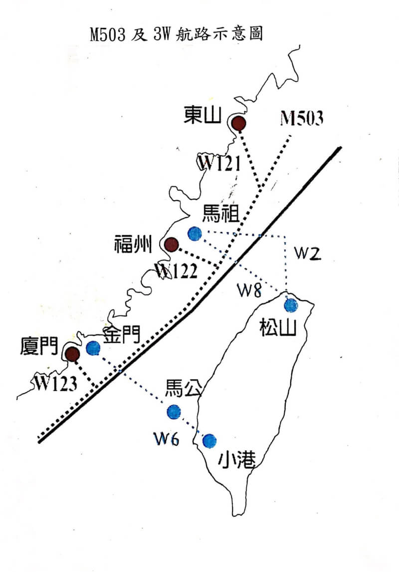 M503、W122與W123航線示意圖。（交通部民航局提供）