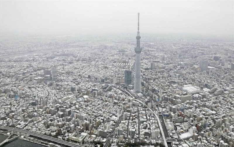 東京降下大雪，6日晴空塔被白雪覆蓋。（共同社）