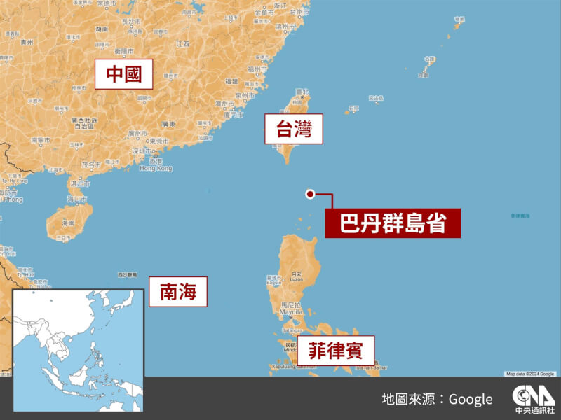 巴丹群島位於台灣和菲律賓之間海域，菲國海巡隊擬在當地開發海巡隊避風港。（中央社製圖）